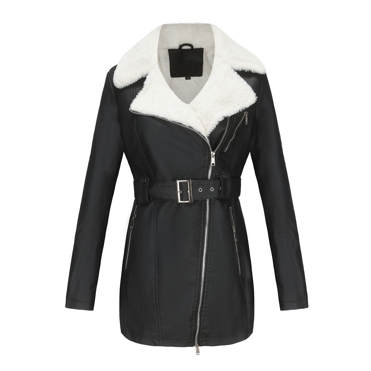 autumn and winter new long sleeved plus velvet leather jacket women's lapel double head zipper belt belt warm jacket_maomaolike.com