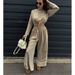Women's clothing fashion solid color lace short long-sleeved top wide-leg pants two-piece set_maomaolike.com