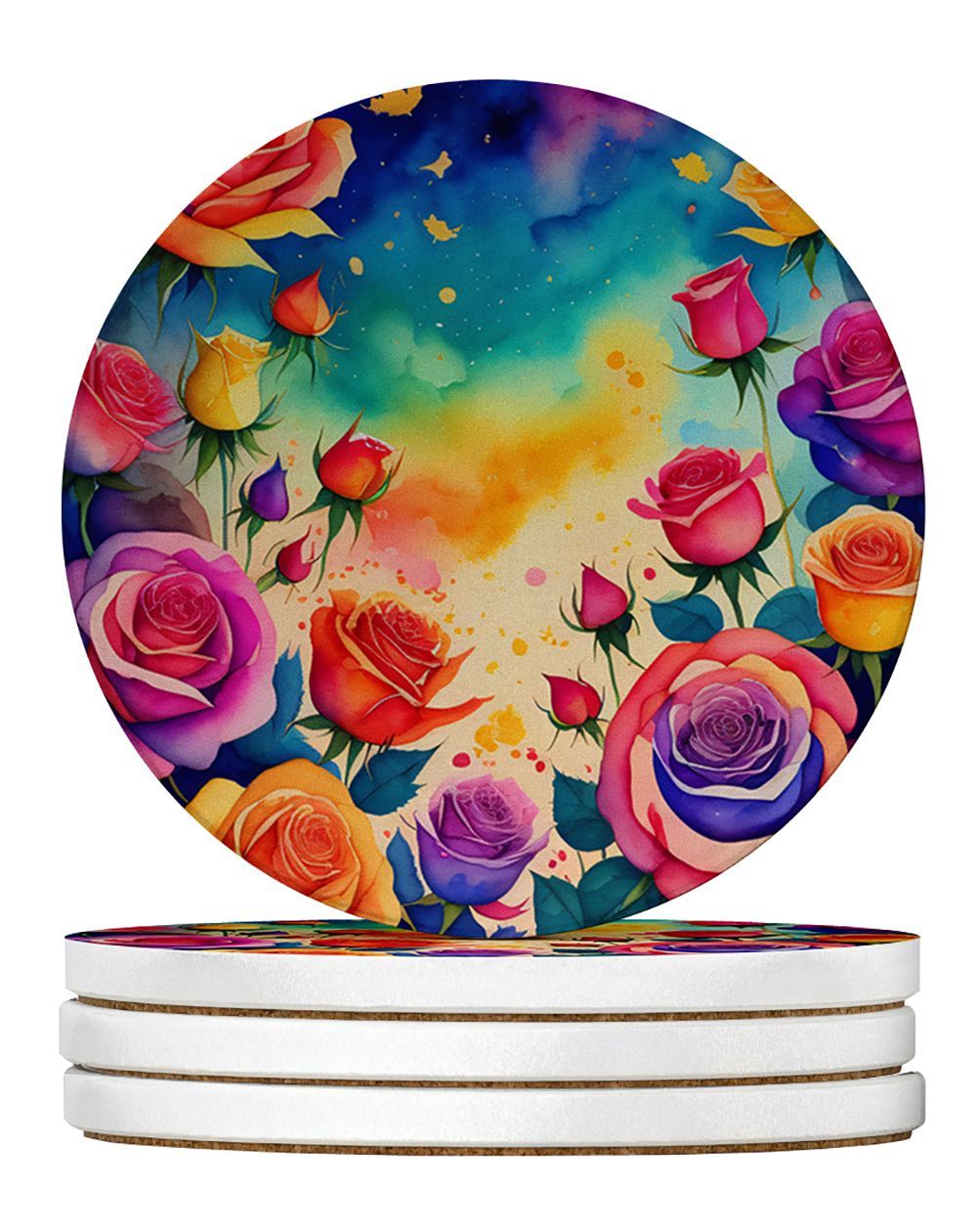 Colorful Roses Large Sandstone Coasters Pack Of 4 Absorbent Round Coasters Decor Gifts For Men Or Women, 4 In, Multicolor_maomaolike.com