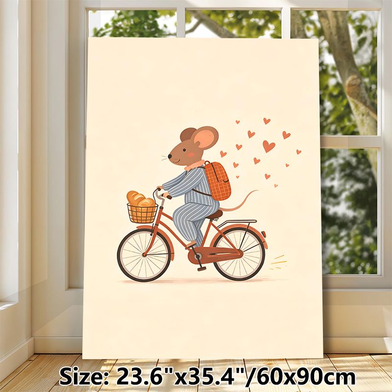 Cycling Mouse Painting Poster, Soft-toned Cute Cartoon Poster, Whimsical Design Featuring Mouse In Striped Outfit Riding Bike With Bread Basket And_maomaolike.com