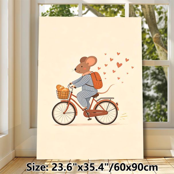 Cycling Mouse Painting Poster, Soft-toned Cute Cartoon Poster, Whimsical Design Featuring Mouse In Striped Outfit Riding Bike With Bread Basket And_maomaolike.com