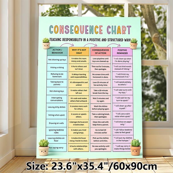 Consequence Chart Painting Poster, Pastel-colored Structured Behavior Guide Poster With Cute Succulents, Teaches Responsibility In Positive Way, Ideal_maomaolike.com