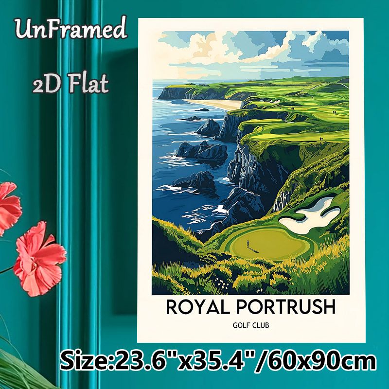 Royal Portrush Golf Club Painting Poster, Vibrant Retro Coastal Golf Course Scene Poster, Scenic Golf Landscape Decor, Ideal For Home, Golf_maomaolike.com