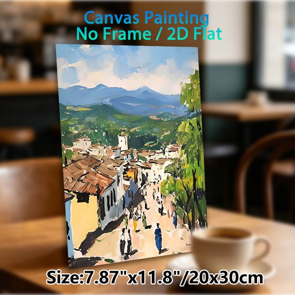 Hillside Mountain Village Painting Poster, Impressionist Style Bustling Town With Rolling Hills Poster, Warm Nostalgic Ambiance Suitable For Living_maomaolike.com