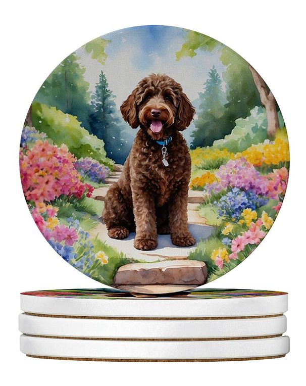 Labradoodle Spring Path Large Sandstone Coasters Pack Of 4 Absorbent Round Coasters Decor Gifts For Men Or Women, 4 In, Multicolor_maomaolike.com