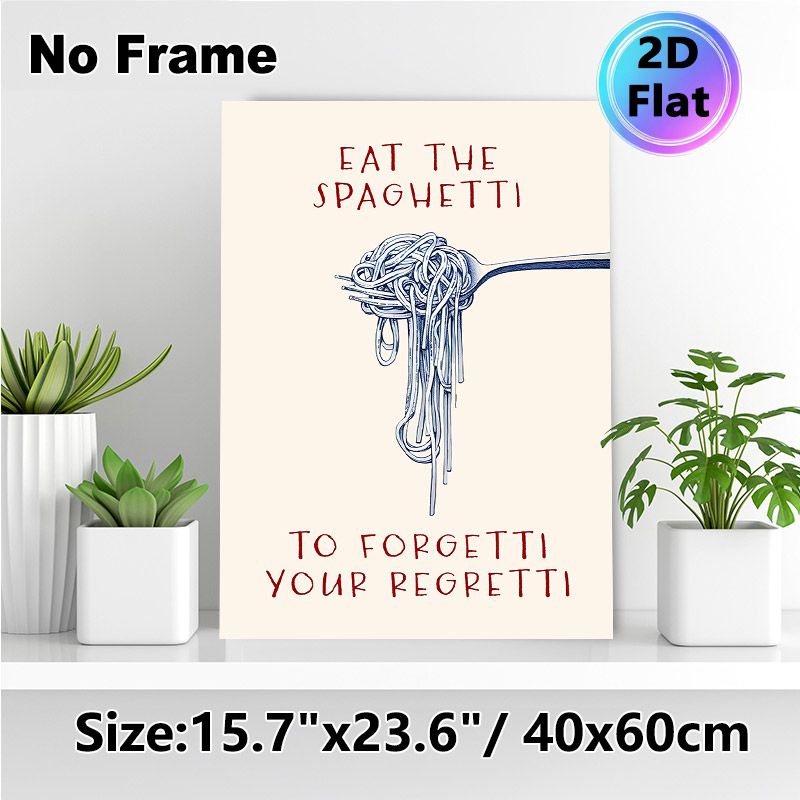 Spaghetti Themed Painting Poster, Witty Hand-drawn Spaghetti-on-Fork Poster, Playful Pun Design Ideal For Kitchen And Dining Room Decor_maomaolike.com