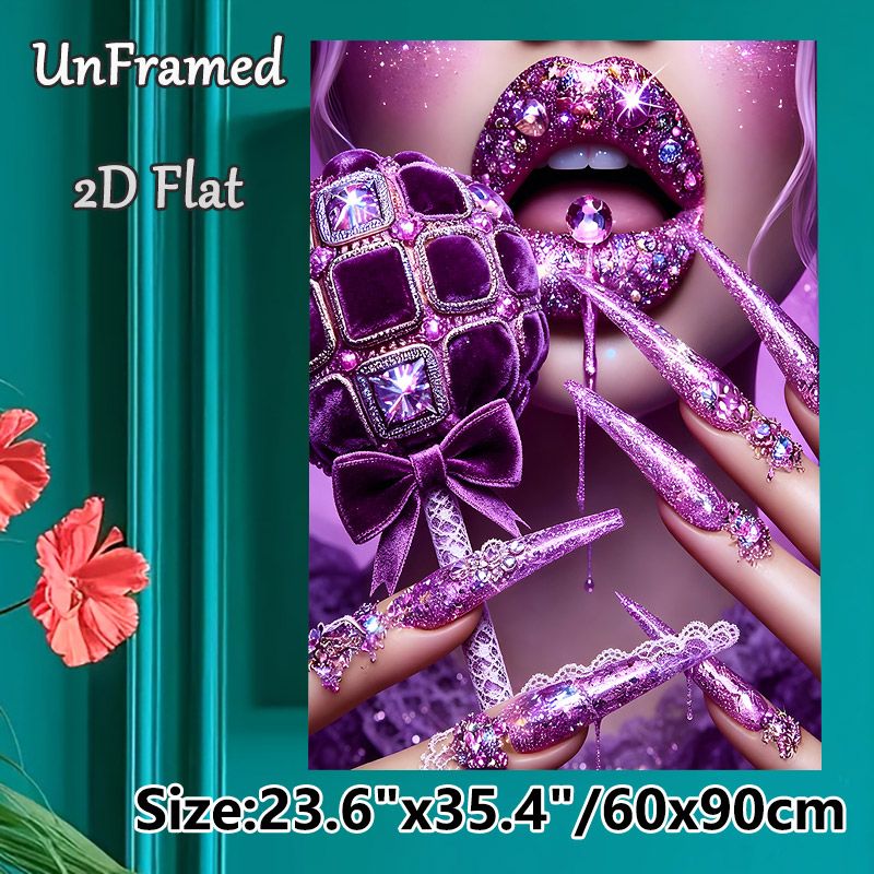 Purple Glam Lips & Jeweled Nails Painting Poster, Sparkly Luxury Crystal-embellished Poster, Eye-catching Decorative Piece Ideal For Bedroom, Vanity_maomaolike.com