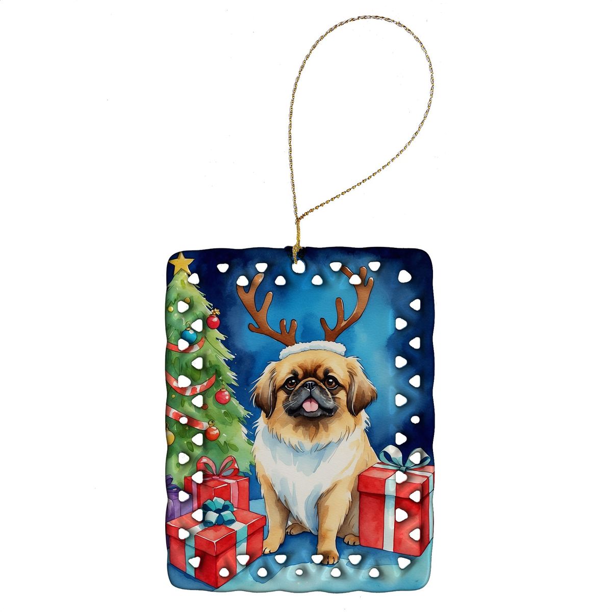 Pekingese Christmas Reindeer Porcelain Ornament Christmas Tree Hanging Decorations For Home Christmas Holiday, Rectangle, Gift, Multicolor_maomaolike.com