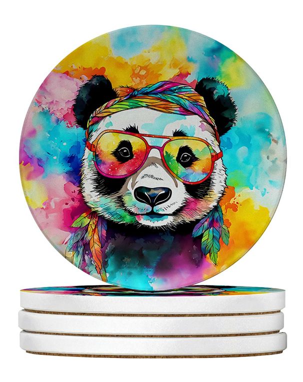 Hippie Animal Panda Large Sandstone Coasters Pack Of 4 Absorbent Round Coasters Decor Gifts For Men Or Women, 4 In, Multicolor_maomaolike.com
