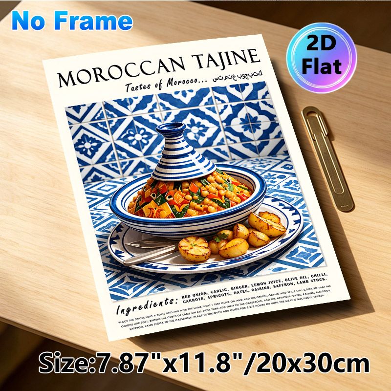 Moroccan Tajine Painting Poster, Vibrant Traditional Moroccan Cuisine Scene Poster, Features Authentic Recipe Details, Ideal For Kitchen And Dining_maomaolike.com