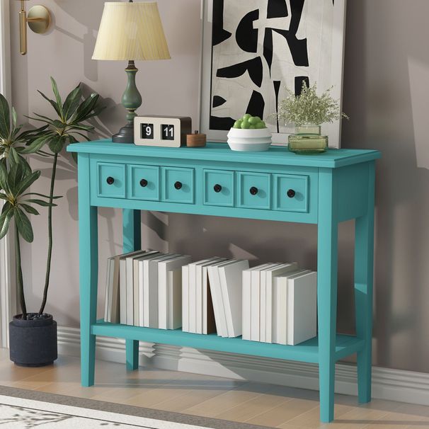 Rustic Console Table With Open Shelf,Rubber Wood Legs,Ideal For Entryways,Living Rooms,and Hallways_maomaolike.com