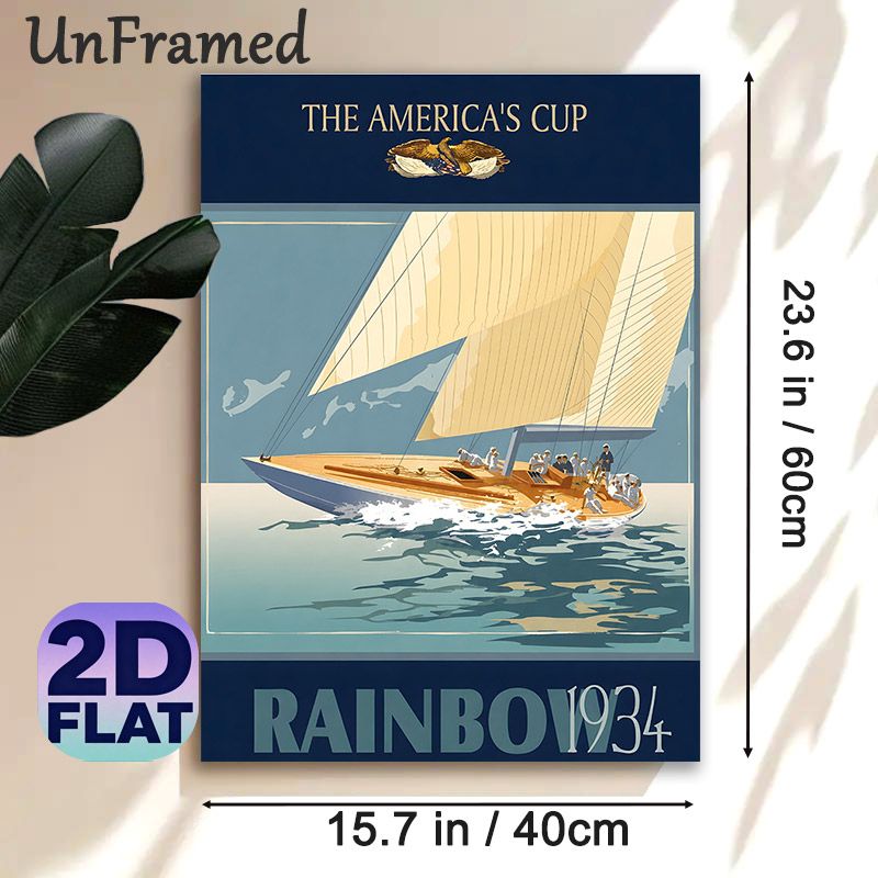 America's Cup Sailing Painting Poster, Vintage Retro 1934 Rainbow Yacht With Sailors On Sea Poster, Classic Nautical Artwork, Ideal For Home Office_maomaolike.com