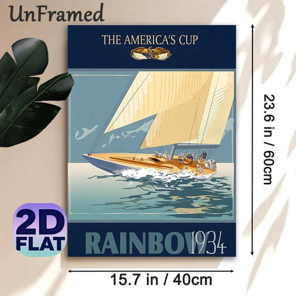 America's Cup Sailing Painting Poster, Vintage Retro 1934 Rainbow Yacht With Sailors On Sea Poster, Classic Nautical Artwork, Ideal For Home Office_maomaolike.com
