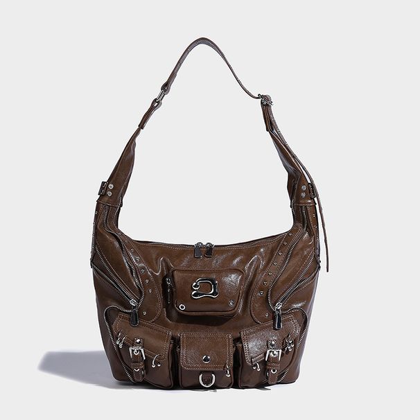 Sweet Cool Girl Fashion Versatile Single Shoulder Underarm Motorcycle Bag Heavy Rivet Multi-Pocket Design Large Capacity Handbag_maomaolike.com