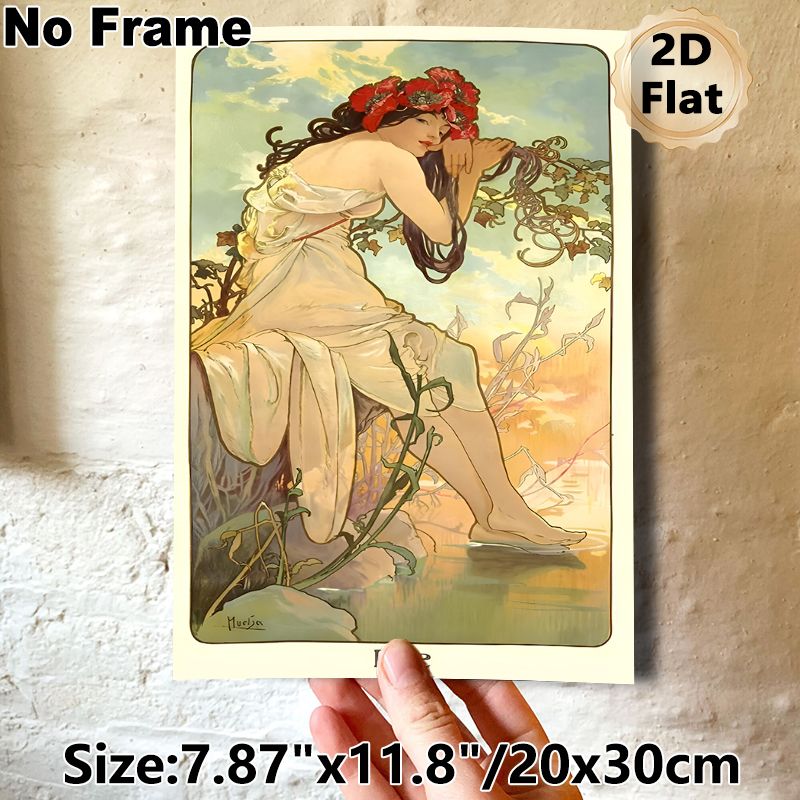 Summer Maiden Painting Poster, Elegant Art Nouveau Style Poster, Graceful Maiden With Red Floral Crown By Waterside, Delicate Vintage Decor Ideal For_maomaolike.com