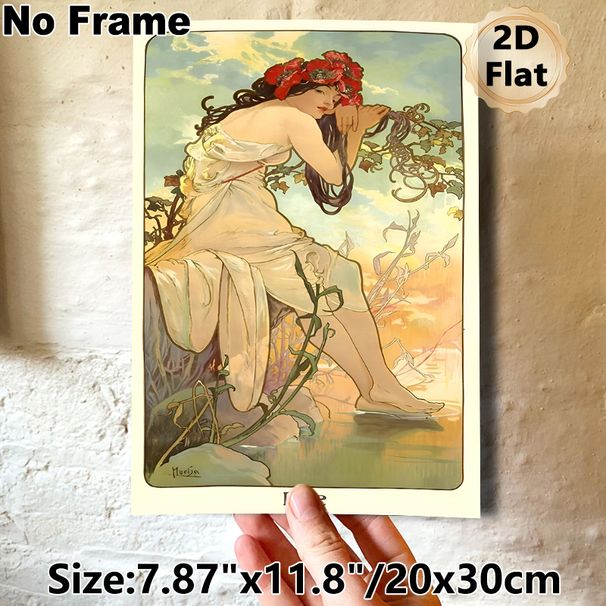 Summer Maiden Painting Poster, Elegant Art Nouveau Style Poster, Graceful Maiden With Red Floral Crown By Waterside, Delicate Vintage Decor Ideal For_maomaolike.com