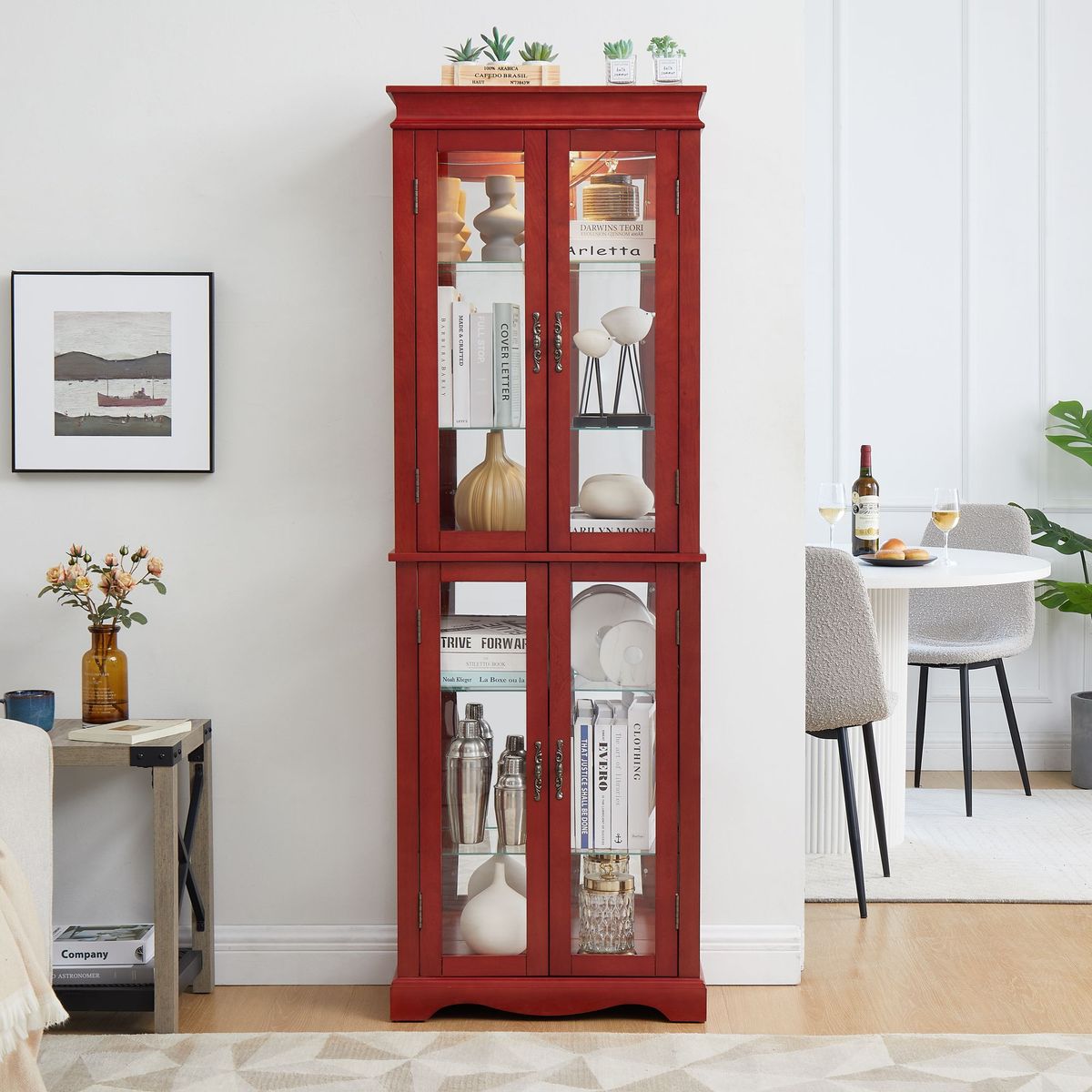 Lighted Glass Curio Display Cabinet,Display Cabinet,Glass Storage Cabinet Glass Wine Cabinet Wood Frame Toy Display For Living Room, Kitchen, Pantry Light Bulb Included Cherry_maomaolike.com
