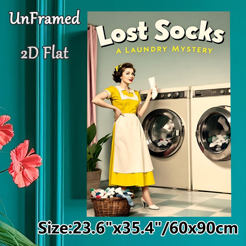 Lost Socks Laundry Mystery Painting Poster, Vintage-style Retro Housewife & Laundry Machines Scene Poster, Humorous Whimsical Design, Ideal For_maomaolike.com
