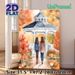 Autumn Gazebo & Friends Painting Poster, Warm Watercolor Style Poster, Cozy Fall Scene With Two Figures, Pumpkins And Foliage, Ideal For Living Room_maomaolike.com