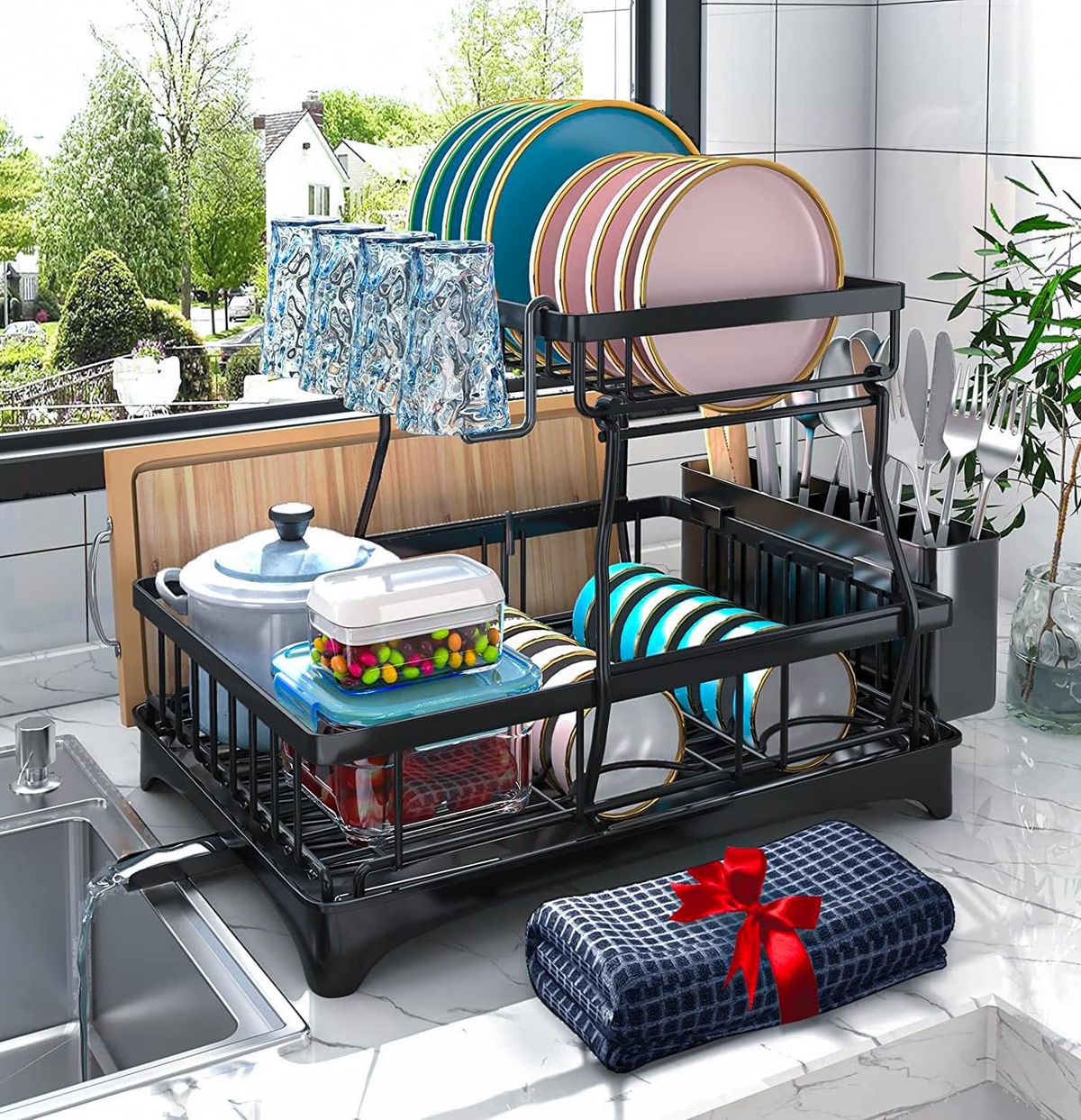 Godboat 2-Tier Dish Drying Rack - Dish Rack With Auto Drain-to-Sink & Mat_maomaolike.com