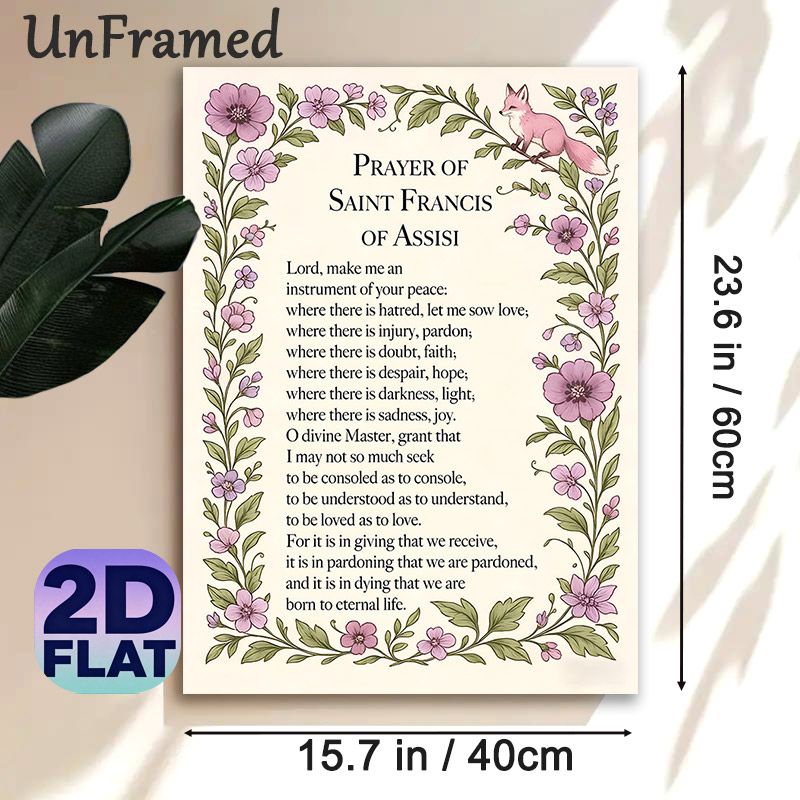 Prayer Of Saint Francis Of Assisi Painting Poster, Soft-toned Floral & Fox Framed Poster, Inspirational Religious Verse Decor Idea For Home, Prayer_maomaolike.com