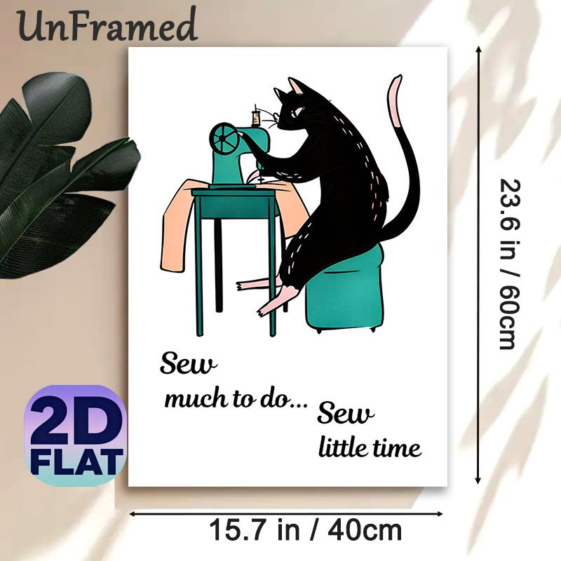 Sewing Cat Painting Poster, Adorable Cartoon Black Cat Using Sewing Machine Poster, Playful Pun Design, Suitable For Sewing Room And Craft Space_maomaolike.com