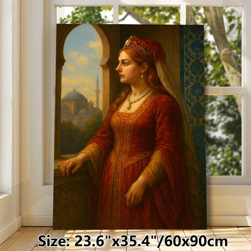 Vintage Noble Lady Painting Poster, Exquisite Classic Oil Style Poster, Elegant Lady In Ornate Red Gown With Domed Building View, Refined Wall Decor_maomaolike.com