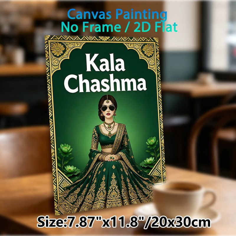 Kala Chashma Themed Painting Poster, Luxurious Indian Traditional Style Poster, Elegant Figure In Emerald Lehenga With Gold Embroidery And Lotus_maomaolike.com