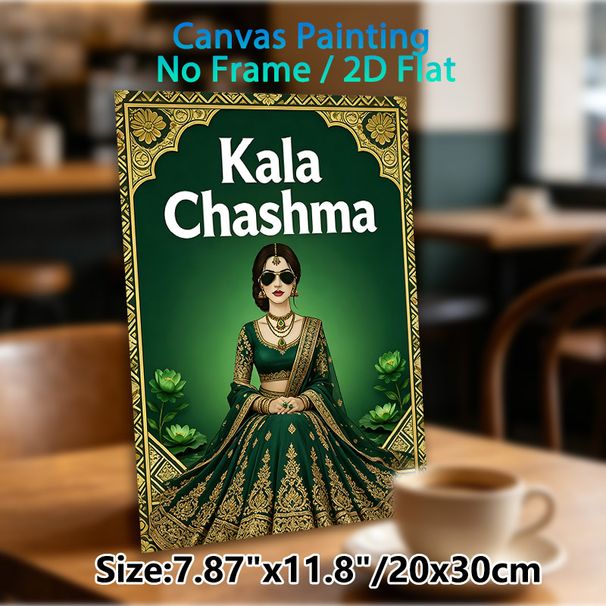 Kala Chashma Themed Painting Poster, Luxurious Indian Traditional Style Poster, Elegant Figure In Emerald Lehenga With Gold Embroidery And Lotus_maomaolike.com