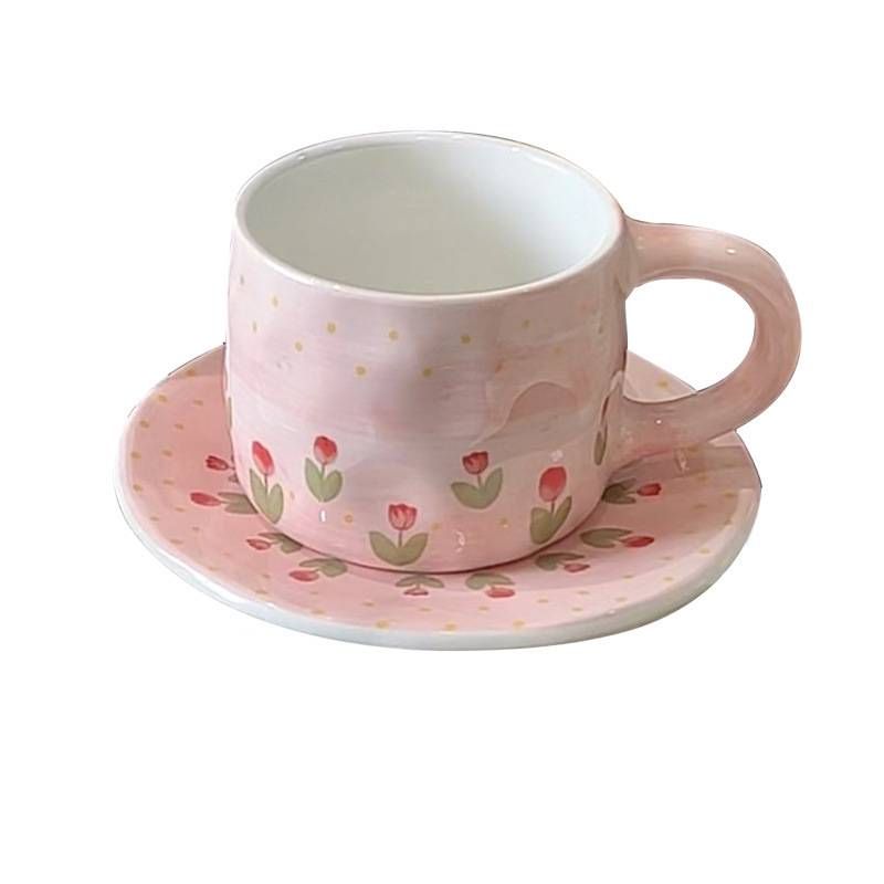 Pink Tulip Ceramic Coffee Cup, Plate, Girl's Gift, Hand Held, High Aesthetic Value, Home Use_maomaolike.com