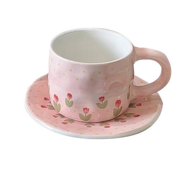 Pink Tulip Ceramic Coffee Cup, Plate, Girl's Gift, Hand Held, High Aesthetic Value, Home Use_maomaolike.com