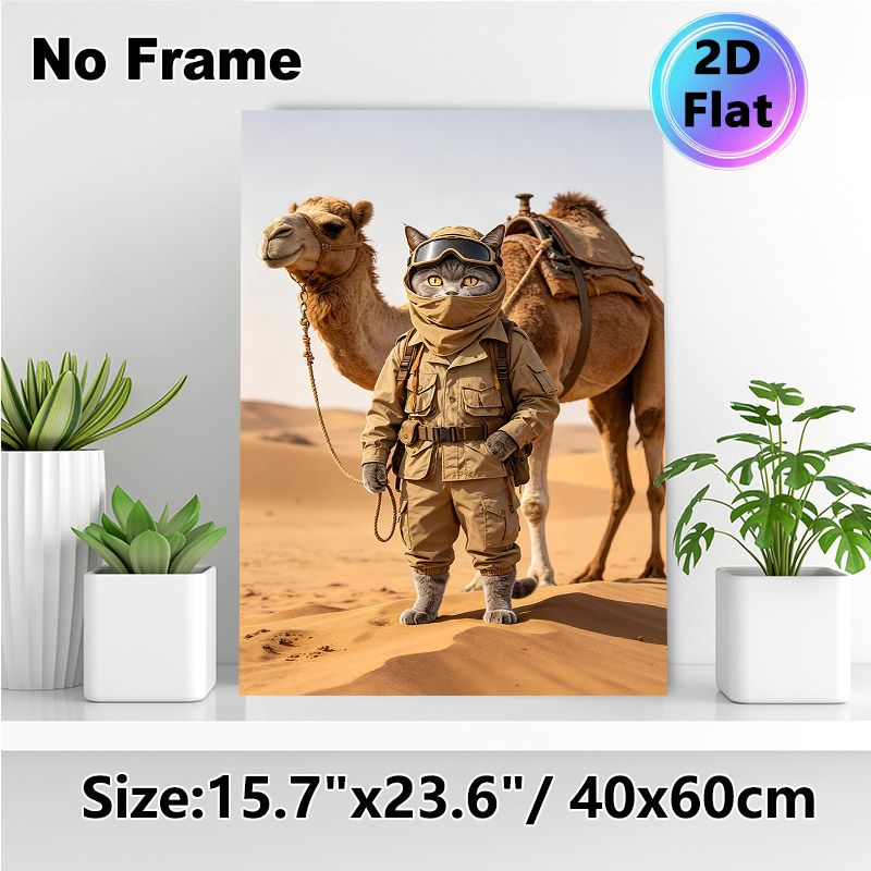 Desert Explorer Cat With Camel Painting Poster, Whimsical Realistic Desert Scene Poster, Unique Anthropomorphic Artwork Ideal For Home And Office_maomaolike.com