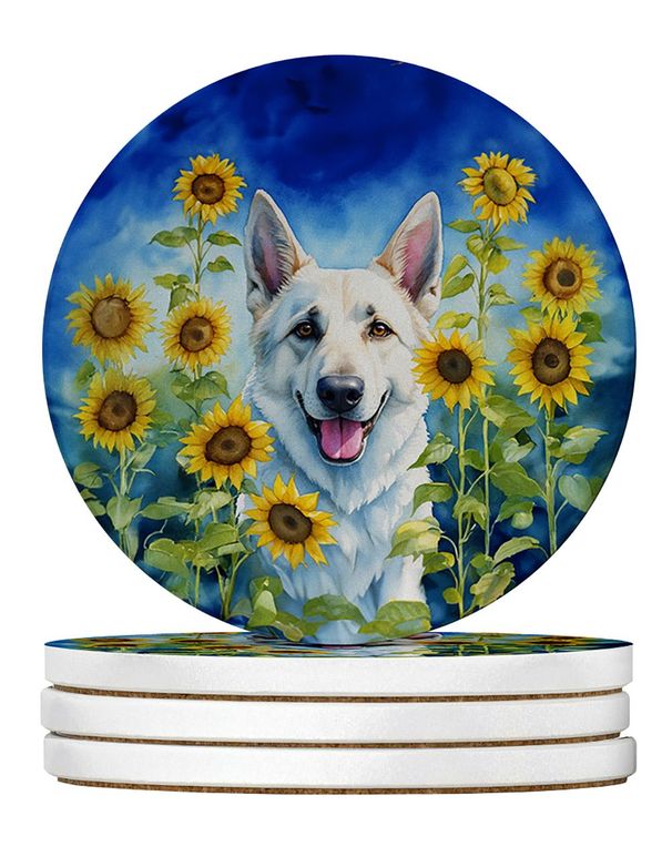 White German Shepherd In Sunflowers Large Sandstone Coasters Pack Of 4 Absorbent Round Coasters Decor Gifts For Men Or Women, 4 In, Multicolor_maomaolike.com