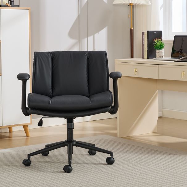 Cross Legged Chair With Flip-Up Armrests Leather, Cross Legged Office Chair On Wheels, Comfy Swivel Chair With Wide Seat For Home Office, Vanity, Ergonomic Desk Chair Adjustable, Black_maomaolike.com