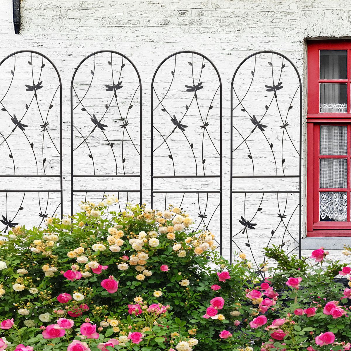 4 Pack Metal Garden Trellis 71" X 19.7" Rustproof Trellis For Climbing Plants Outdoor Flower Support Dragonfly Deco Black_maomaolike.com