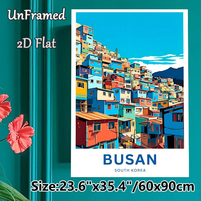 Busan Themed Painting Poster, Vibrant Flat-style Hillside Town Poster, Colorful Clustered Houses With Bright Blue Sky, Travel-inspired Wall Decor For_maomaolike.com