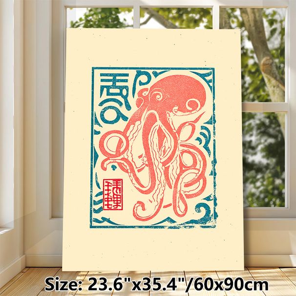 Octopus Themed Painting Poster, Vintage Block Print Style Coral-red Octopus Poster, Artistic Oriental-inspired Wall Decor Suitable For Living Room_maomaolike.com