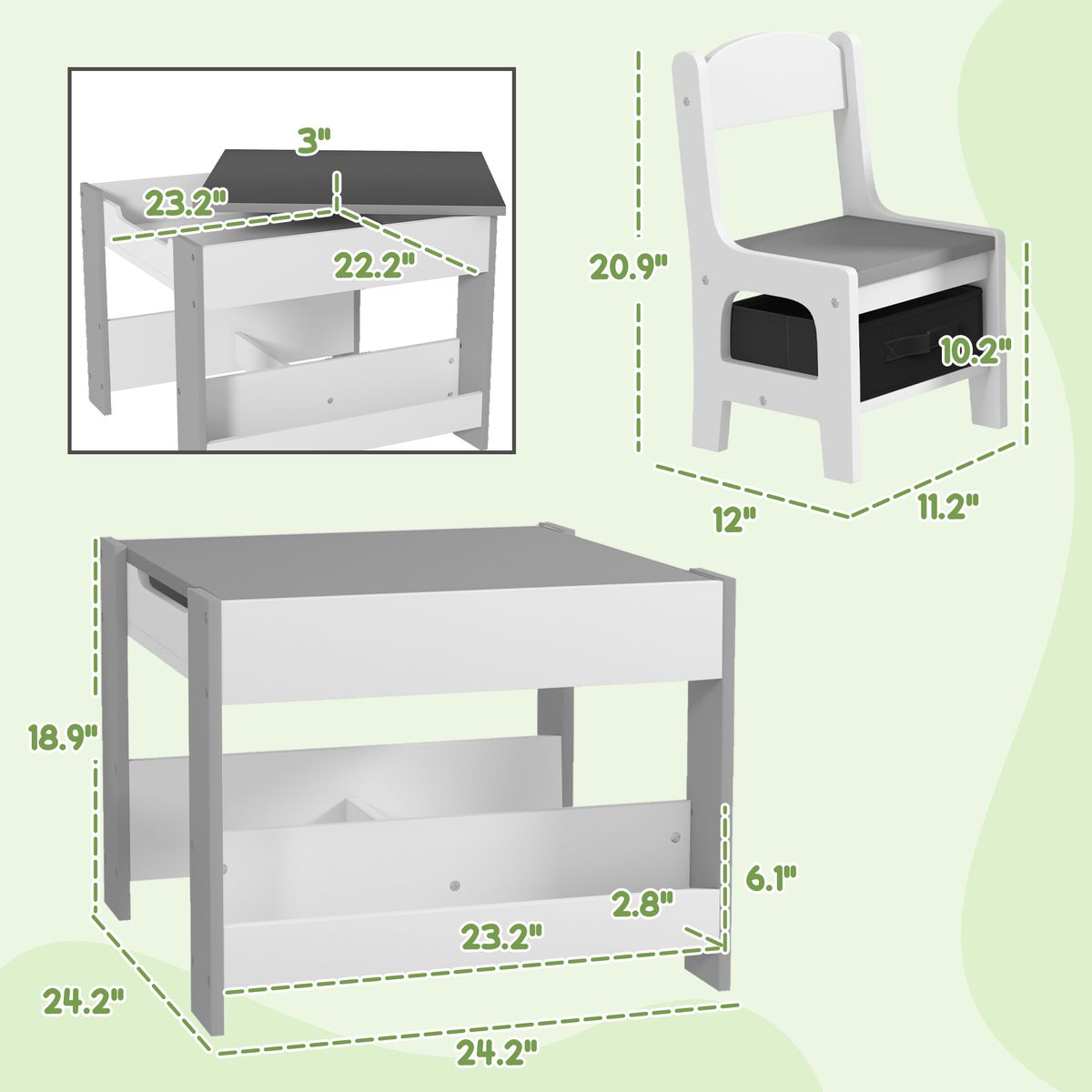 3pc Kids Table And Chair Set With Reversible Tabletop Blackboard, Storage & Bookshelves, Gray_maomaolike.com