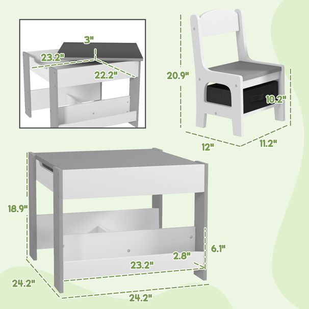 3pc Kids Table And Chair Set With Reversible Tabletop Blackboard, Storage & Bookshelves, Gray_maomaolike.com