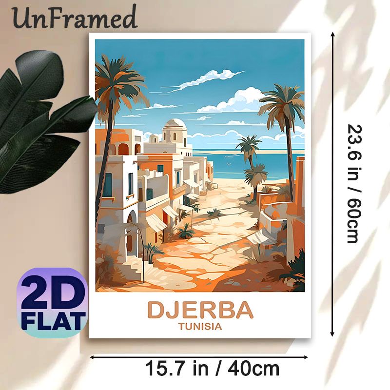 Djerba Tunisia Coastal Town Painting Poster, Bright Mediterranean Style Illustration Poster, Warm Coastal Town View Decor Ideal For Living Room_maomaolike.com