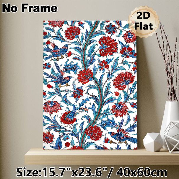 Floral & Bird Themed Painting Poster, Vibrant Ornate Botanical Poster, Rich Red Flowers & Blue Birds Decorative Artwork Ideal For Living Room, Bedroom_maomaolike.com
