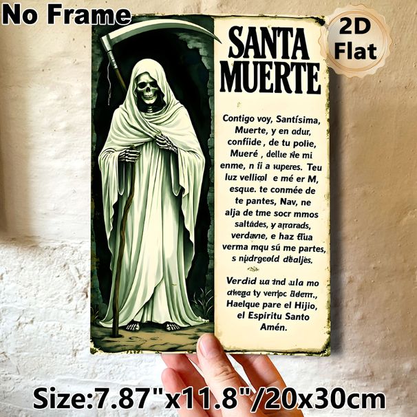 Santa Muerte Painting Poster, Vintage Gothic Hooded Skeleton With Scythe & Spanish Prayer Text Poster, Mysterious Spiritual Artwork Ideal For Home_maomaolike.com