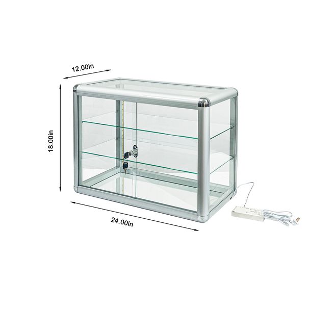 Tempered Glass Top Display Cabinet With Sliding Glass Door And Lock, Standard Aluminum Frame, Display Cabinet With Sliding Glass Door, Lock And LED_maomaolike.com