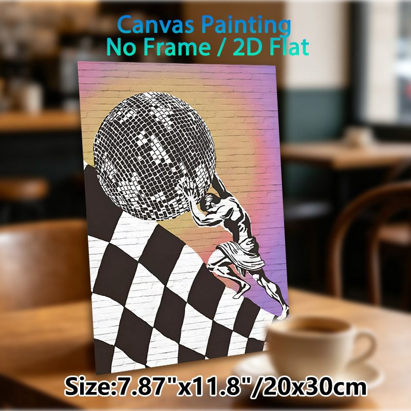 Sisyphus & Disco Ball Themed Painting Poster, Stylish Graffiti-style Poster, Monochrome Figure Pushing Disco Ball On Checkered Ramp With Gradient_maomaolike.com