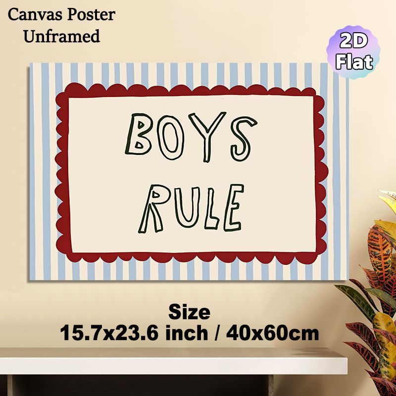 Boys Rule Typography Painting Poster, Retro Hand-drawn Style Poster, Playful Bold Text With Striped Background & Scalloped Border, Ideal For Bedroom_maomaolike.com