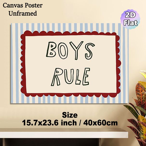 Boys Rule Typography Painting Poster, Retro Hand-drawn Style Poster, Playful Bold Text With Striped Background & Scalloped Border, Ideal For Bedroom_maomaolike.com