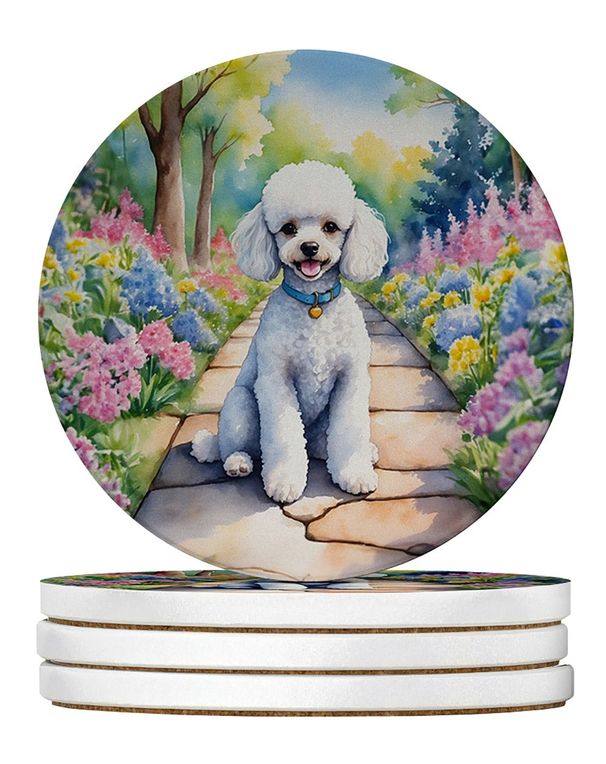 White Poodle Spring Path Large Sandstone Coasters Pack Of 4 Absorbent Round Coasters Decor Gifts For Men Or Women, 4 In, Multicolor_maomaolike.com