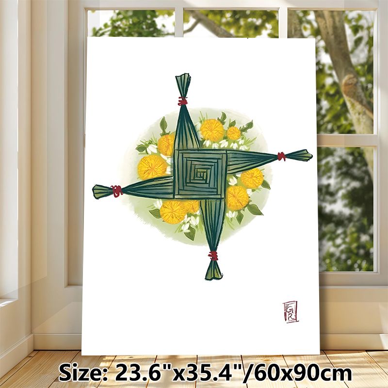 Brigid's Cross Floral Painting Poster, Soft Watercolor Style Poster, Delicate Woven Green Cross With Yellow And White Blooms, Suitable For Home Wall_maomaolike.com