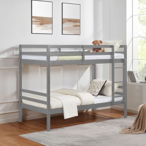Twin Over Twin Bunk Bed With Ladder,Wooden Bunk Bed With High Guardrail And Ladder For Kids, Teens, Dorm Rooms, And Guest Rooms,No Box Spring Needed,Grey_maomaolike.com