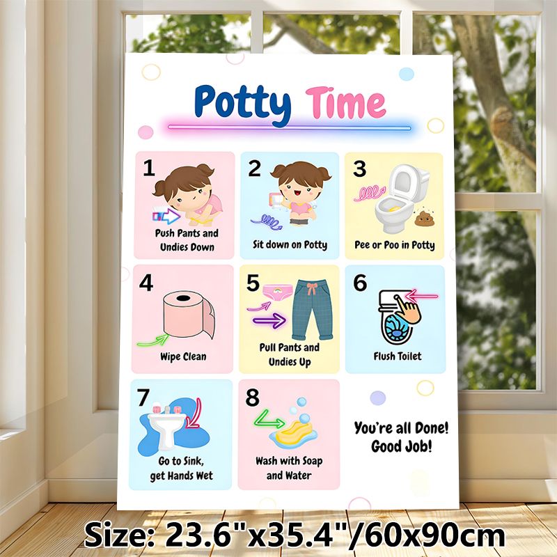 Potty Time Training Painting Poster, Colorful Cartoon Step-by-step Guide Poster, Clear Potty Routine Instructions Ideal For Bathroom_maomaolike.com
